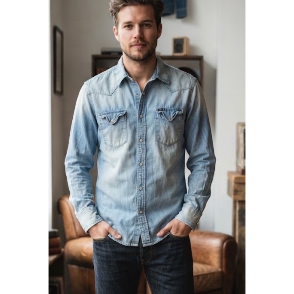 Pepe Jeans London Avenger Shirt Denim Pearl Snap Button Up Mens Med Western